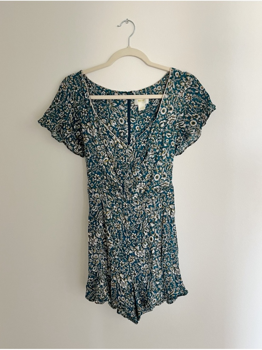 Anthropologie Maeve Teal Floral Sweetheart Romper Size 6